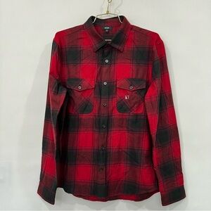 Express Plaid Red and Black Men's Button-Up Shirt Flannel Long Sleeve Pockets